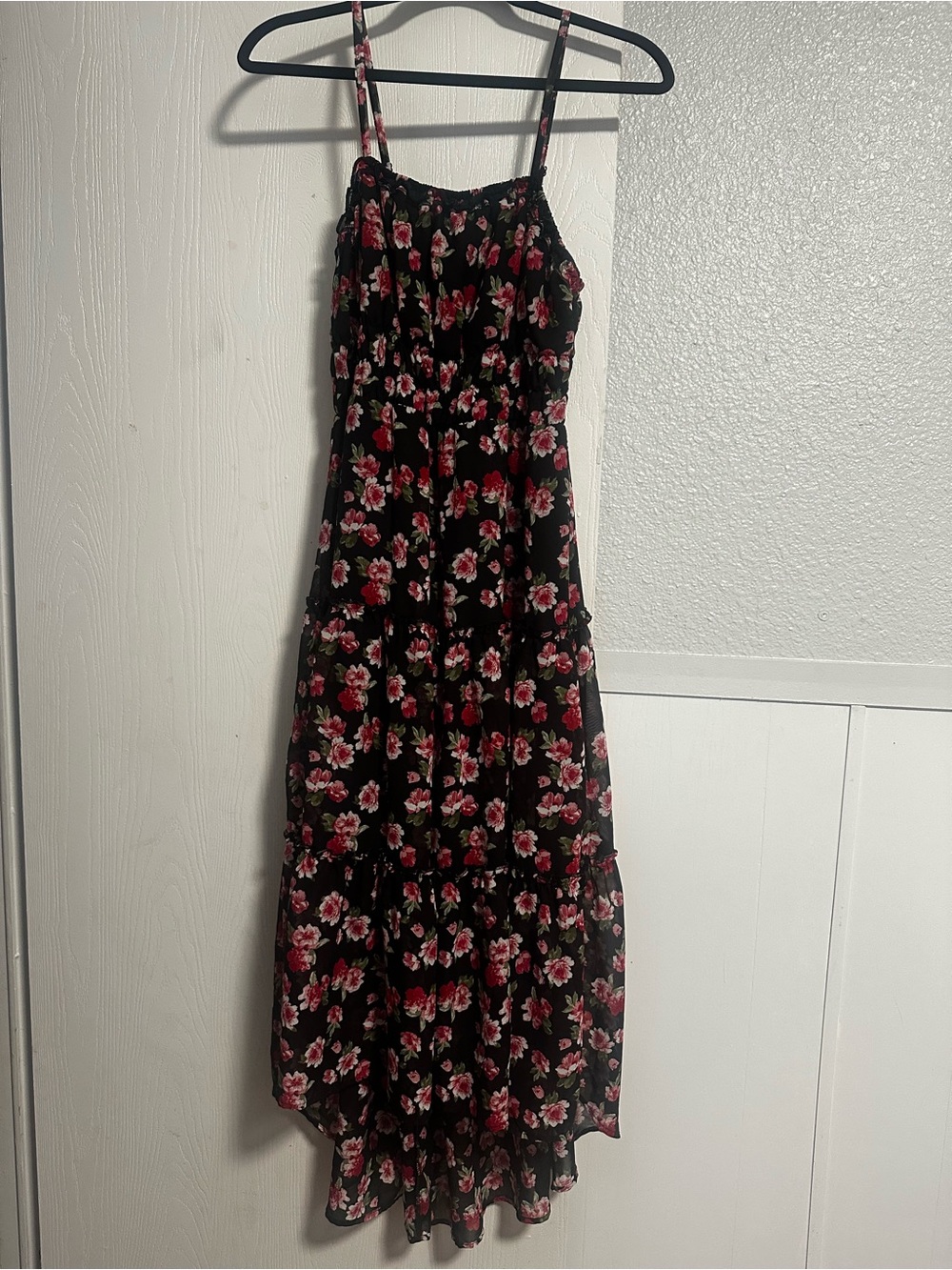 No Boundaries Black Floral Tiered Maxi Dress with Spaghetti Straps